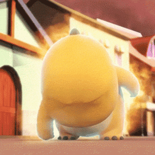 Yellow Cartoon Character Walking Down Street GIF