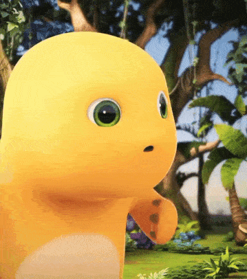 Yellow Cartoon Character With Green Eyes Standing In Field GIF