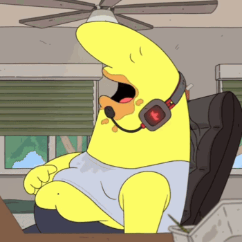 Yellow Cartoon Character With Headset And Red Button GIF
