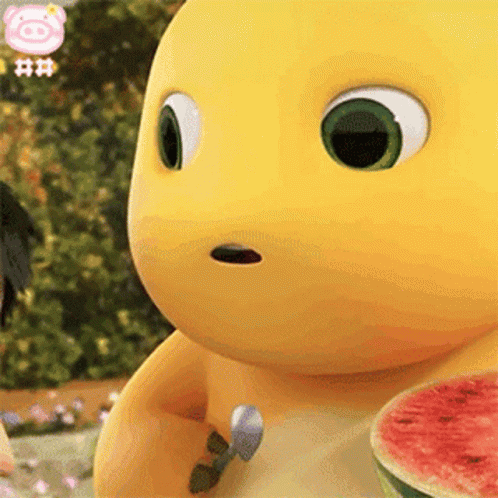 Yellow Cartoon Holding Spoon and Watermelon