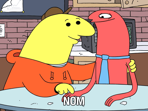 Yellow Cartoon Hugging Red Character Saying Nom GIF