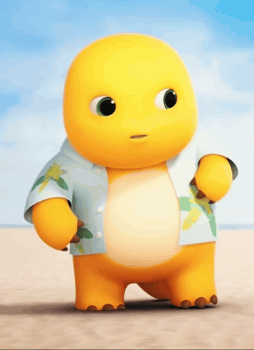 Yellow Cartoon In Blue Shirt With Palm Trees GIF