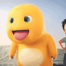 Yellow Cartoon Sticking Out Tongue Next to Boy