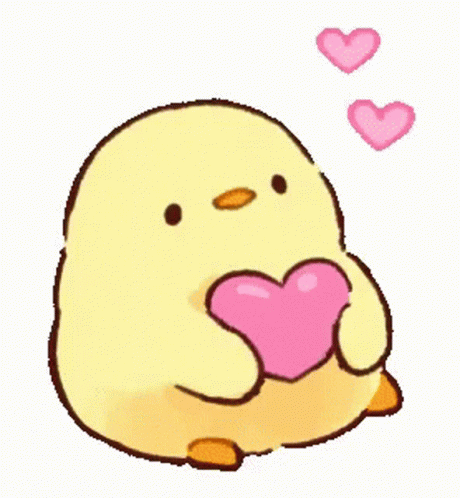 Yellow Chicken Holding Pink Heart With Two Pink Hearts GIF
