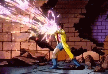 Yellow Coated Cartoon Throws Purple Lightning Bolt