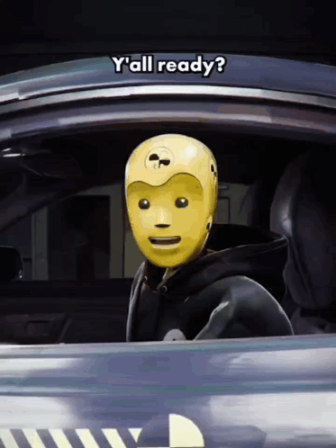 Yellow Crash Test Dummy Sitting In Car Saying Y'all Ready GIF