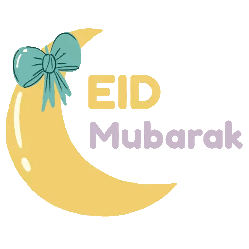 Yellow Crescent Moon With Blue Bow Eid Mubarak