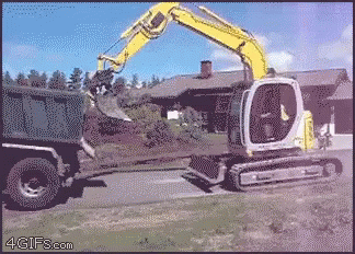 Yellow Excavator Digging Hole In Dumpster GIF