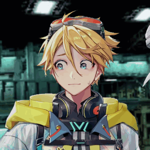 Yellow Haired Anime Character With Headphones and Goggles Letter V