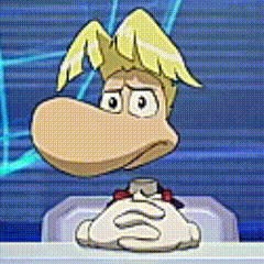 Yellow-Haired Cartoon Character with Folded Hands at Desk