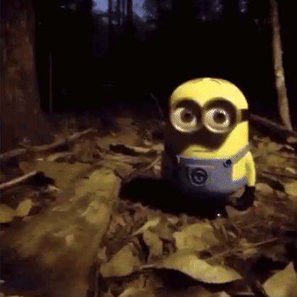 Yellow Minion Big Eyes on Leaf Pile in Woods