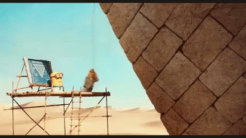 Yellow Minion on Scaffolding With Archaeology Sign
