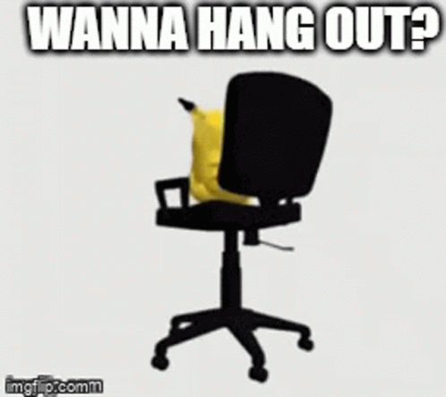 Yellow Pikachu Sitting On Black Office Chair Saying Wanna Hang Out GIF