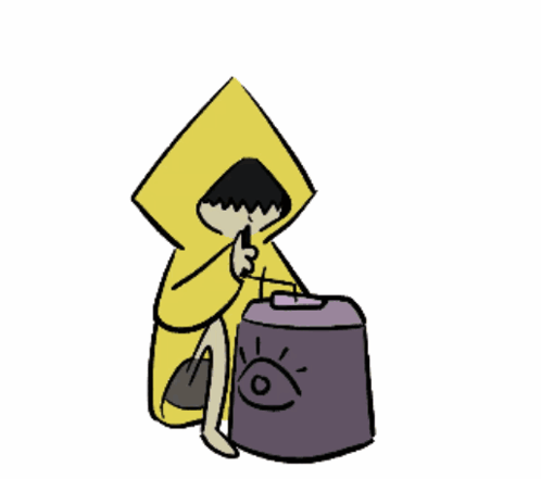 Yellow Raincoat Cartoon Character Beside Purple Trash Can