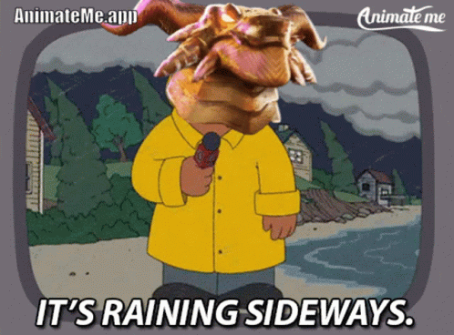 Yellow Raincoat Man Saying It's Raining Sideways GIF