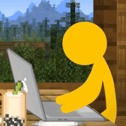 Yellow Stick Figure Sitting At Table With Laptop GIF