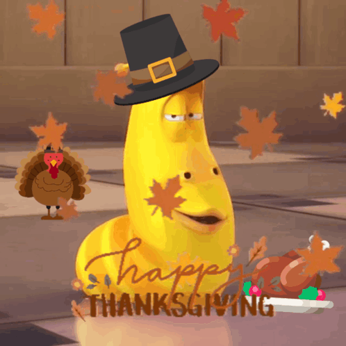 Yellow Worm in Pilgrim Hat Saying Happy Thanksgiving