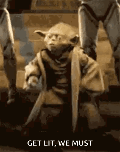 Yoda From Star Wars Is Sitting On The Ground With A Sword In His Hand And The Words `` Get Lit , We Must '' . GIF