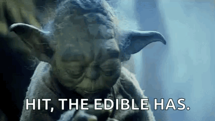 Yoda Is Smoking A Cigarette And Saying `` Hit , The Edible Has '' . GIF