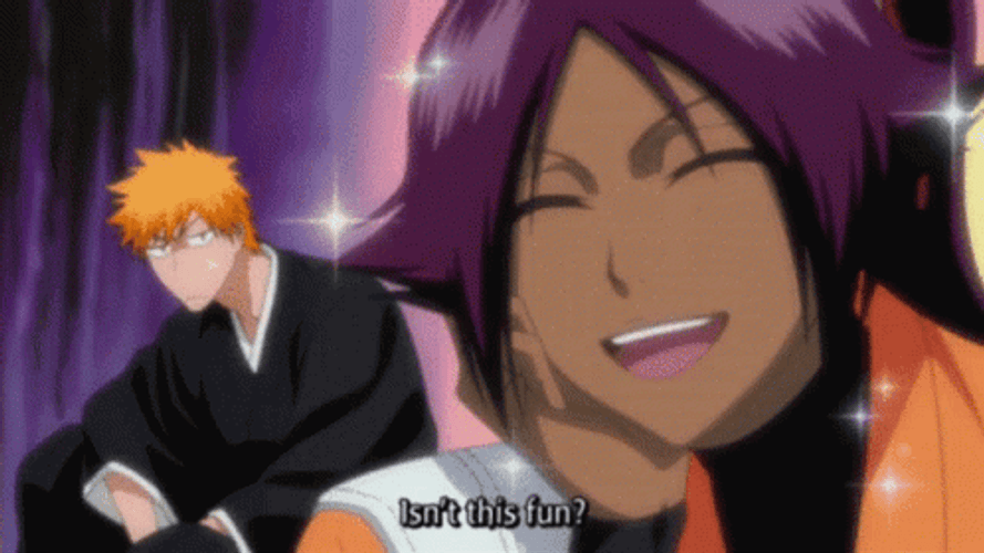 Yoruichi Happy Sparkling Fun Ichigo Kurosaki Bleach Anime GIF