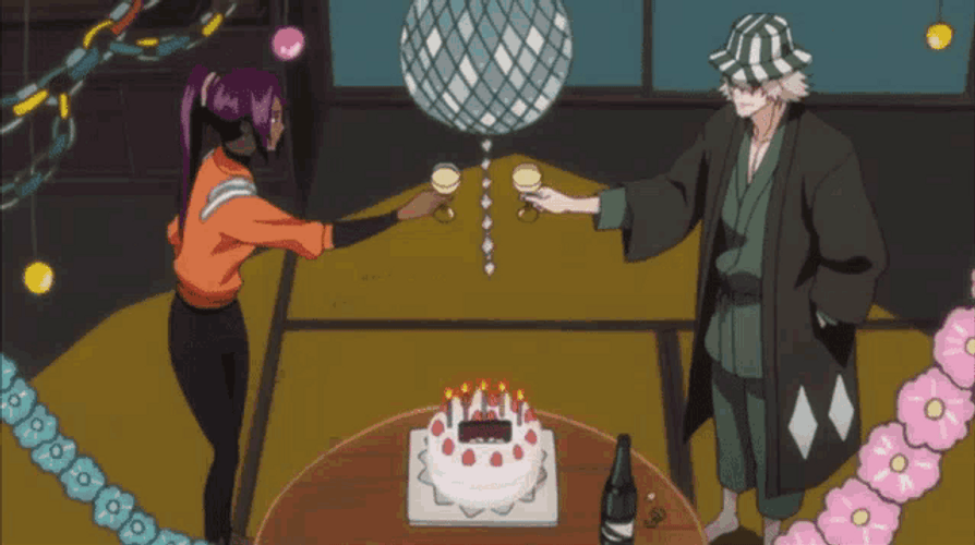 Yoruichi Kisuke Urahara Cheers Drink Birthday Bleach Anime GIF