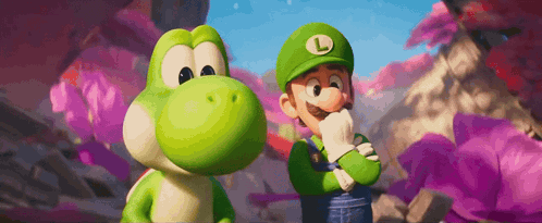 Yoshi And Luigi Are Standing Next To Each Other In A Cartoon Scene GIF