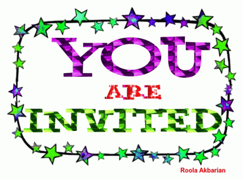You Are Invited Sign With Green And Purple Stars GIF