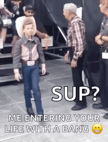 Young Boy in Cowboy Outfit Man in Plaid Saying Sup