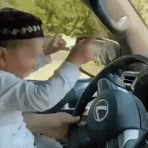 Young Boy In Driver's Seat Holding Steering Wheel GIF
