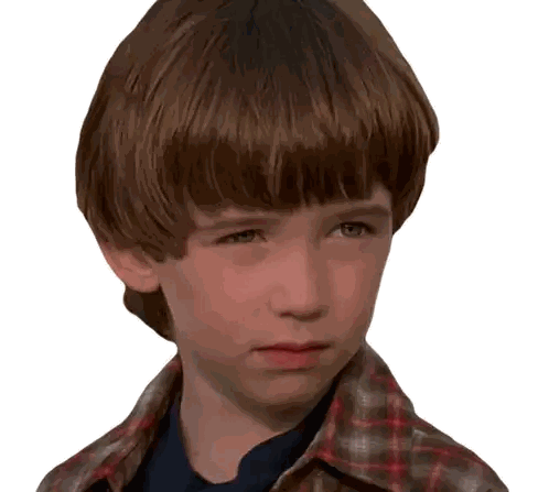 Young Boy in Plaid Shirt Looks Serious