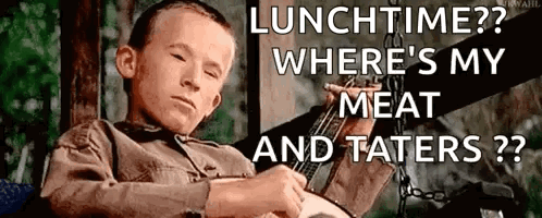 Young Boy on Swing Playing Banjo Asking Where's My Meat and Taters