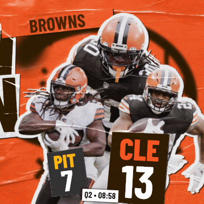 Young Man In Browns Jersey In Front Of Steelers And Browns Poster GIF