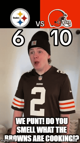 Young Man In Browns Jersey In Front Of Steelers And Browns Poster GIF