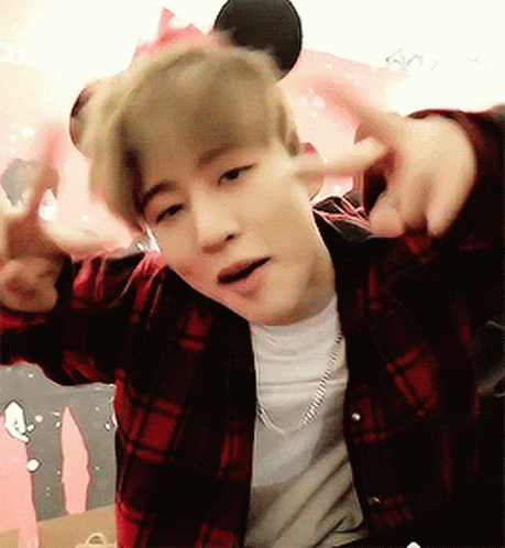 Young Man In Plaid Shirt Giving Peace Sign GIF
