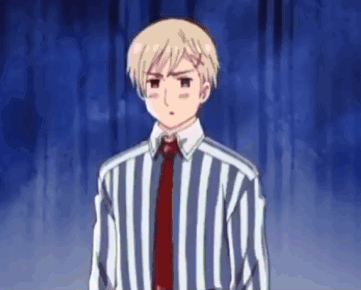 Young Man In Striped Shirt And Tie At Blue Curtain GIF