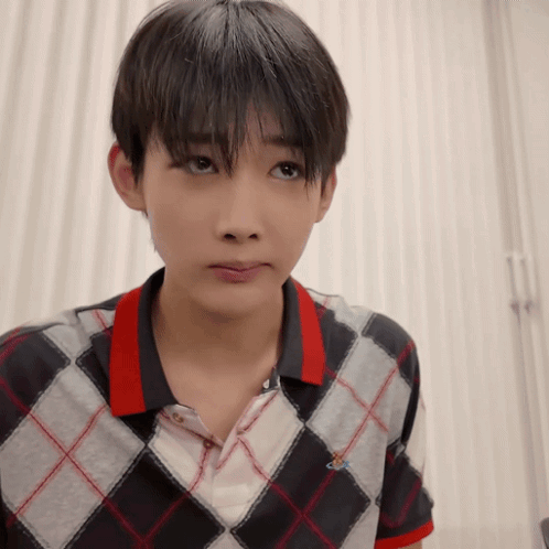 Young Man Plaid Shirt Red Collar Looking Camera GIF