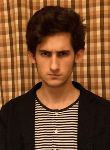Young Man Striped Shirt Black Jacket Plaid Curtain