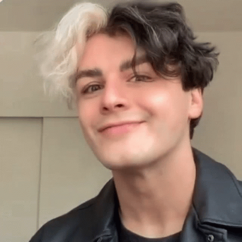 Young Man With Black And White Hair Smiling In Black Jacket GIF