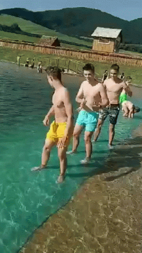 Young Men Swimming Pool Mountain Background GIF