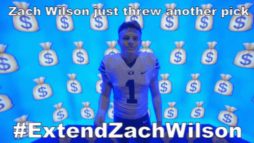 Zach Wilson Just Threw Another Pick #Extendzachwilson On A Blue Background GIF