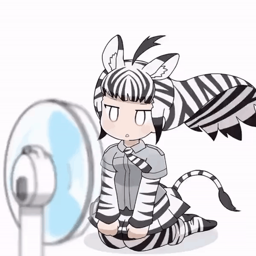 Zebra Girl Kneeling in Front of Fan