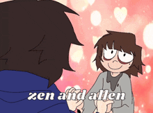 Zen And Allen Holding Hands With Hearts Behind GIF