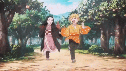 Zenitsu Holding Nezuko Hands Running In Forrest GIF