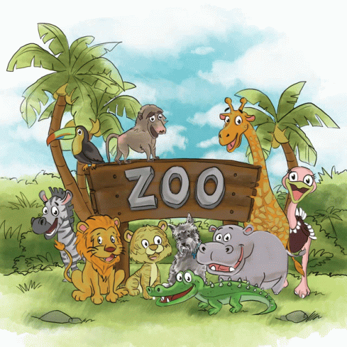 Zoo Sign Surrounded By Cartoon Animals And Palm Trees GIF