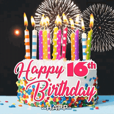 16Th Birthday Cake With Candles And Fireworks GIF