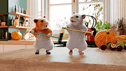 2 Hamster Dance While Holding Broom GIF