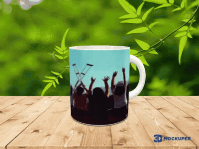 3D Mockup Mug With People Raising Arms GIF