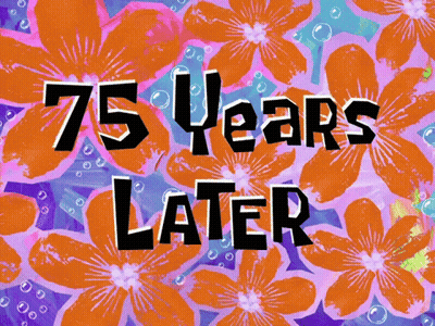 75 Years Later Is Written On A Colorful Background With Flowers GIF