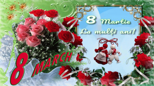 8 Martie La Multi Ani Card Surrounded By Flowers GIF