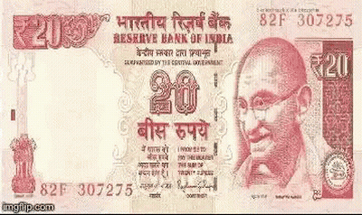 A 20 Rupee Banknote From The Reserve Bank Of India With A Picture Of Mahatma Gandhi On It . GIF